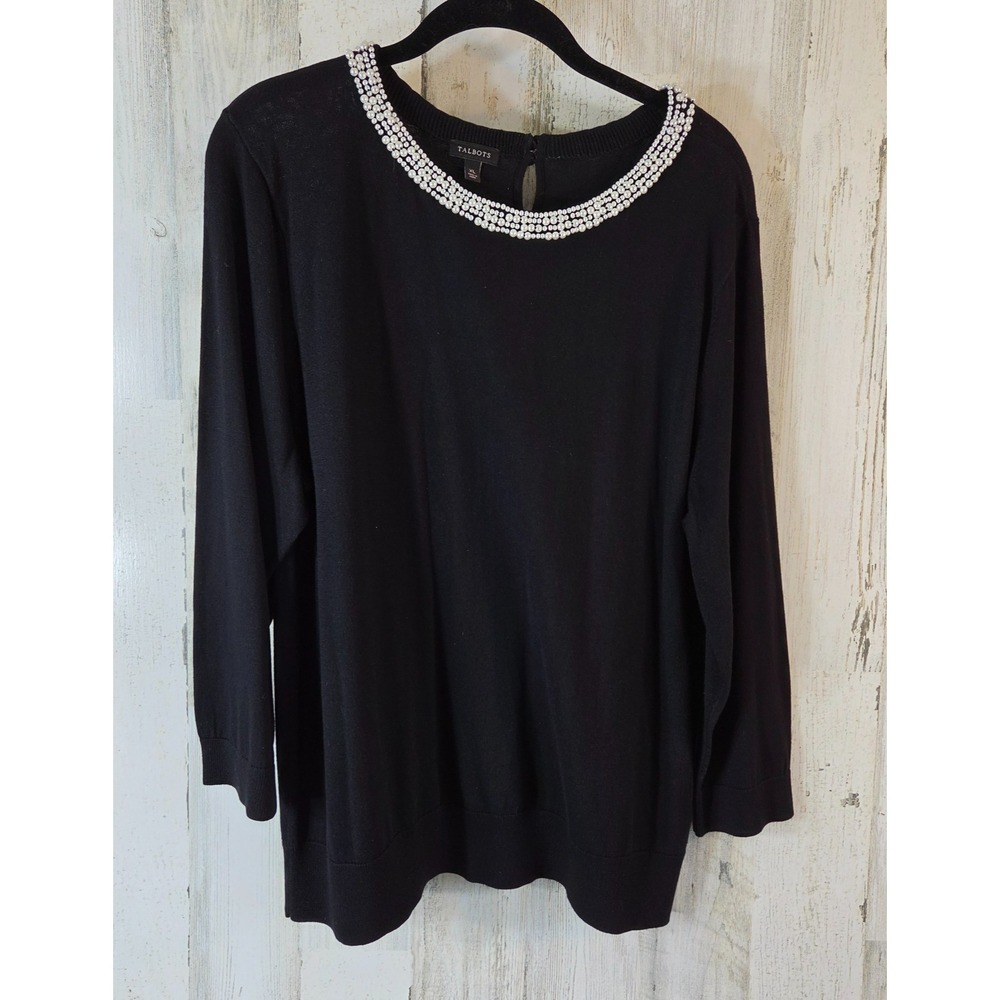 Talbots Womens XL Black Knit Sweater  Faux Pearl Embellishment 3/4 Sleeves